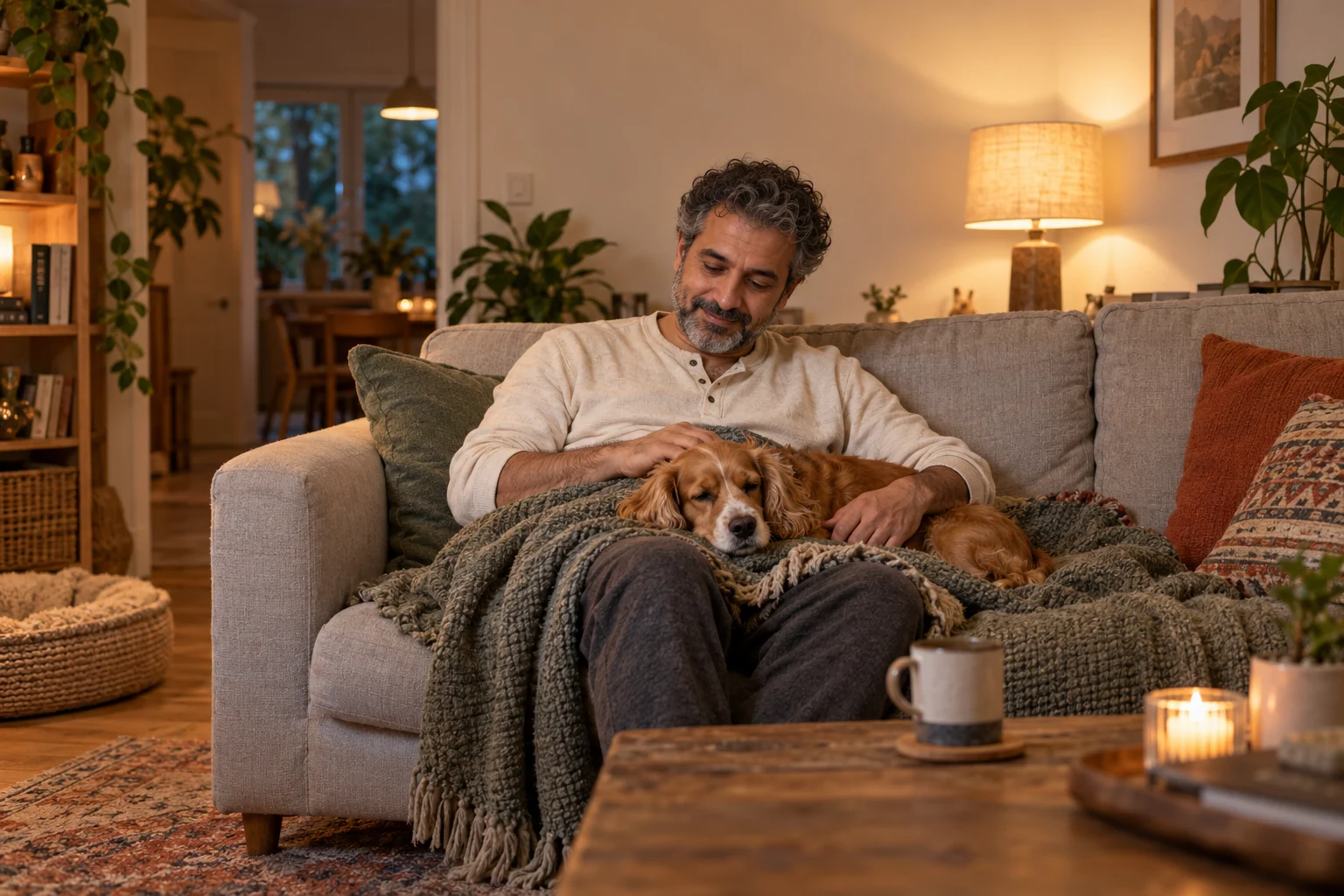 A man relaxing on his sofa with a sleepy golden-brown spaniel under a familiar blanket