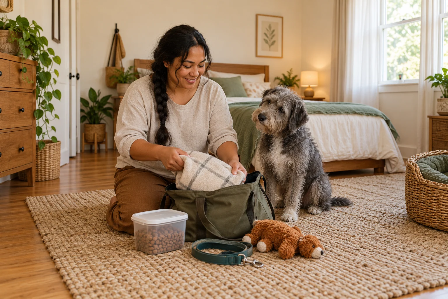 An owner packing a blanket, food tub, lead and toy while her shaggy grey dog watches