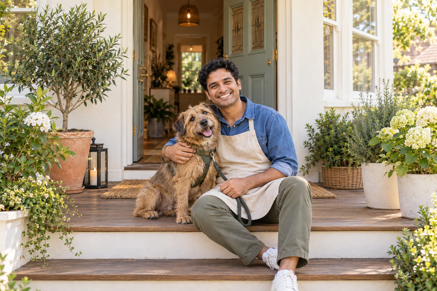 A carer cuddling a scruffy brown terrier on its held lead while sitting on a timber porch step