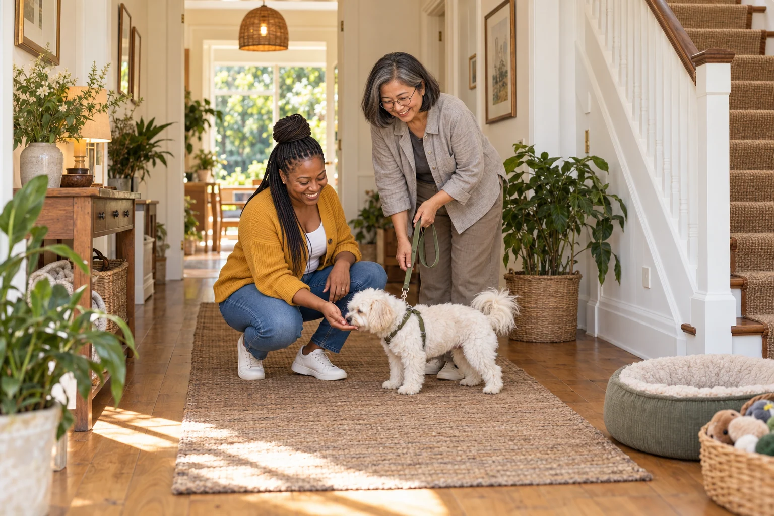 An owner and carer greeting a small fluffy white dog on its lead in the house hallway