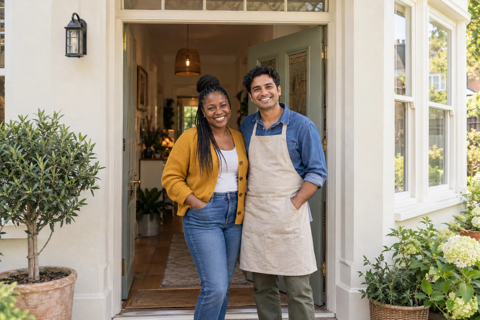 Two carers in a mustard cardigan and denim shirt with a plain apron at the open door of a cream house