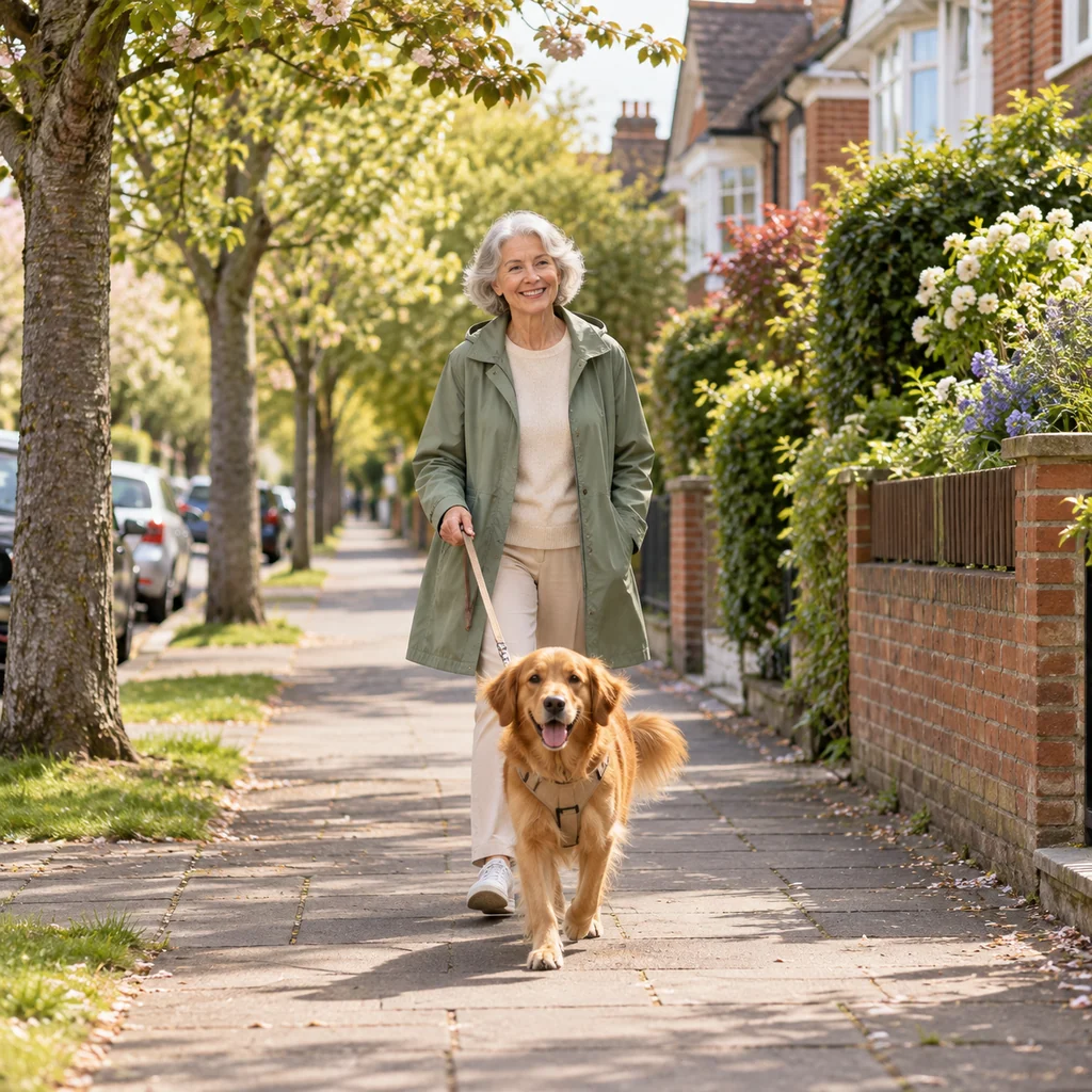 An older woman walking a golden retriever on its lead along a leafy residential pavement