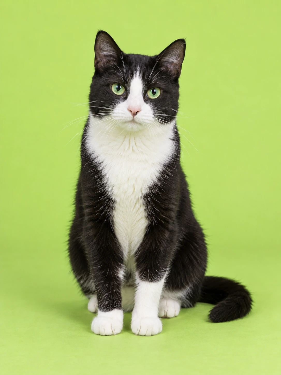 A black and white tuxedo cat sitting against a leaf green background