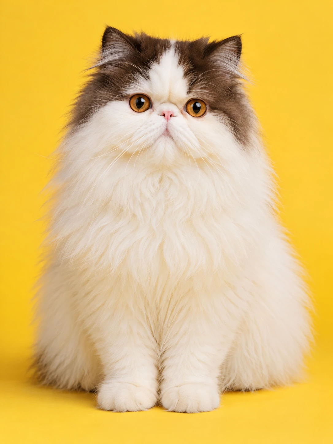 A fluffy white and ginger Persian cat sitting against a sunny yellow background