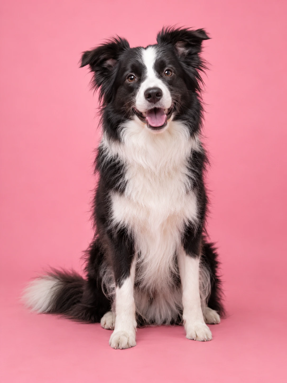 A smiling black and white border collie sitting against a pink background