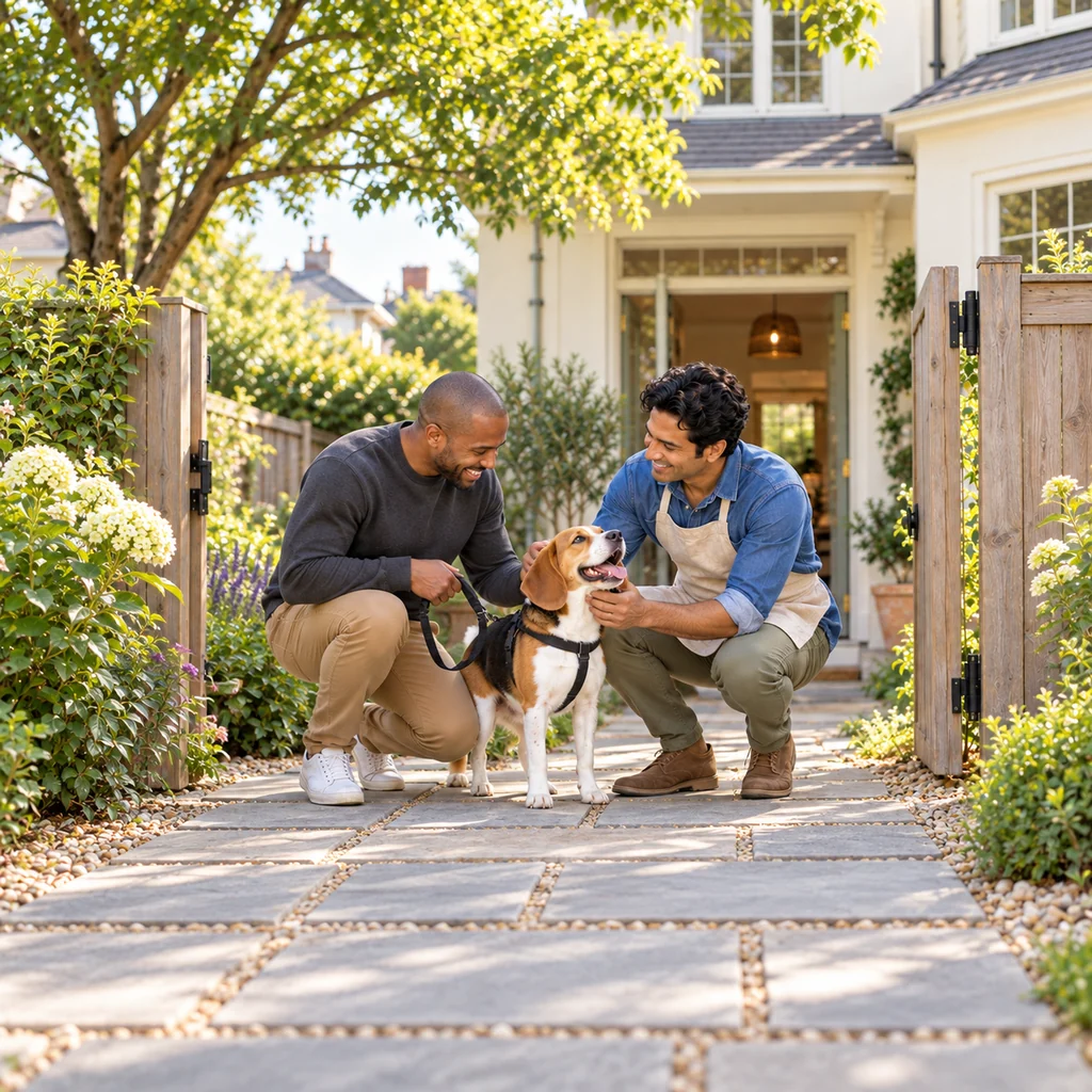 A carer greeting an owner and his beagle on a held lead at a timber garden gate